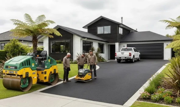 Professional team delivering efficient and reliable Asphalt Repair Auckland services at a residential property by Asphalt Contractors Auckland.
