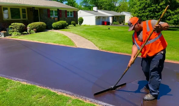 Improved Safety and Appearance with Tar Sealing by Asphalt Contractors Auckland Asphalt Contractors Auckland professional applying Tar Sealing on residential driveway to enhance safety and appearance.